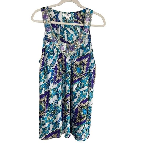Cato Top Women 22 Blue Floral Resort Preppy Coastal Jewels Mature Boho Western - Picture 1 of 12